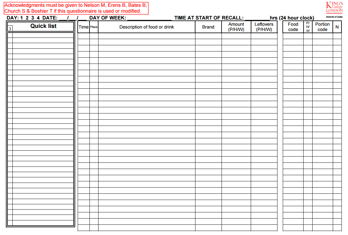 24 Hour Recall Template